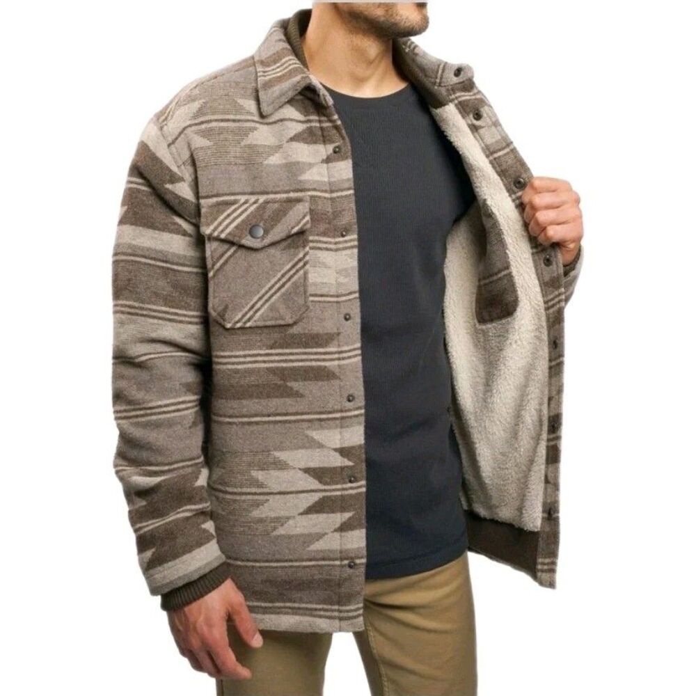 JACHS Men's M Aztec Patterned Wool Blend Heavyweight Shacket Sherpa Lined Brown